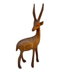 Hand-Carved Wooden Antelope Figurine 5.75" x 2.25" Decor Nature Sculpture Art